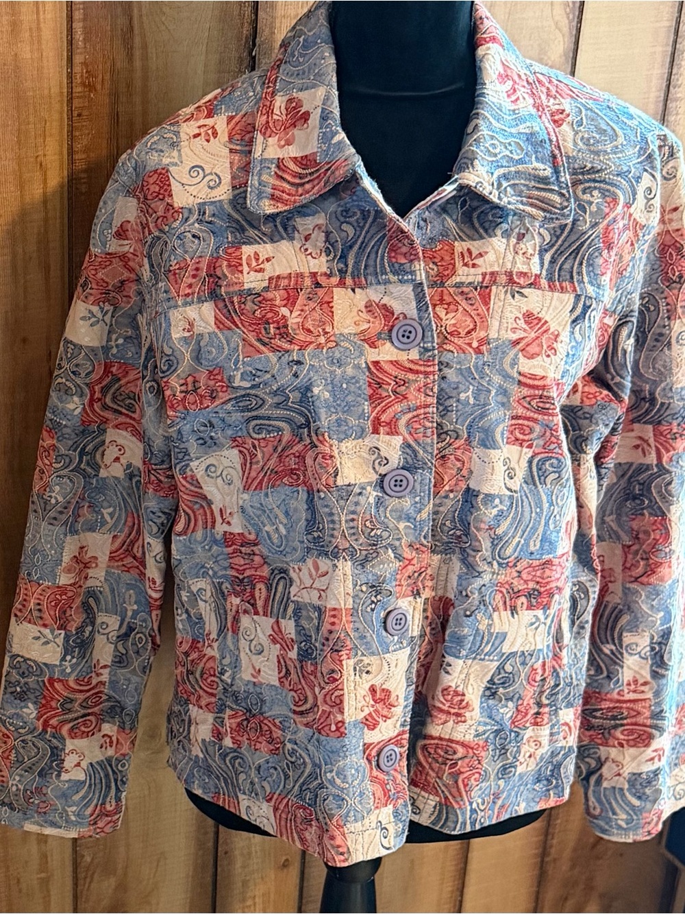 Patchwork Paisley Button-Front Shirt Jacket - Blue & Red